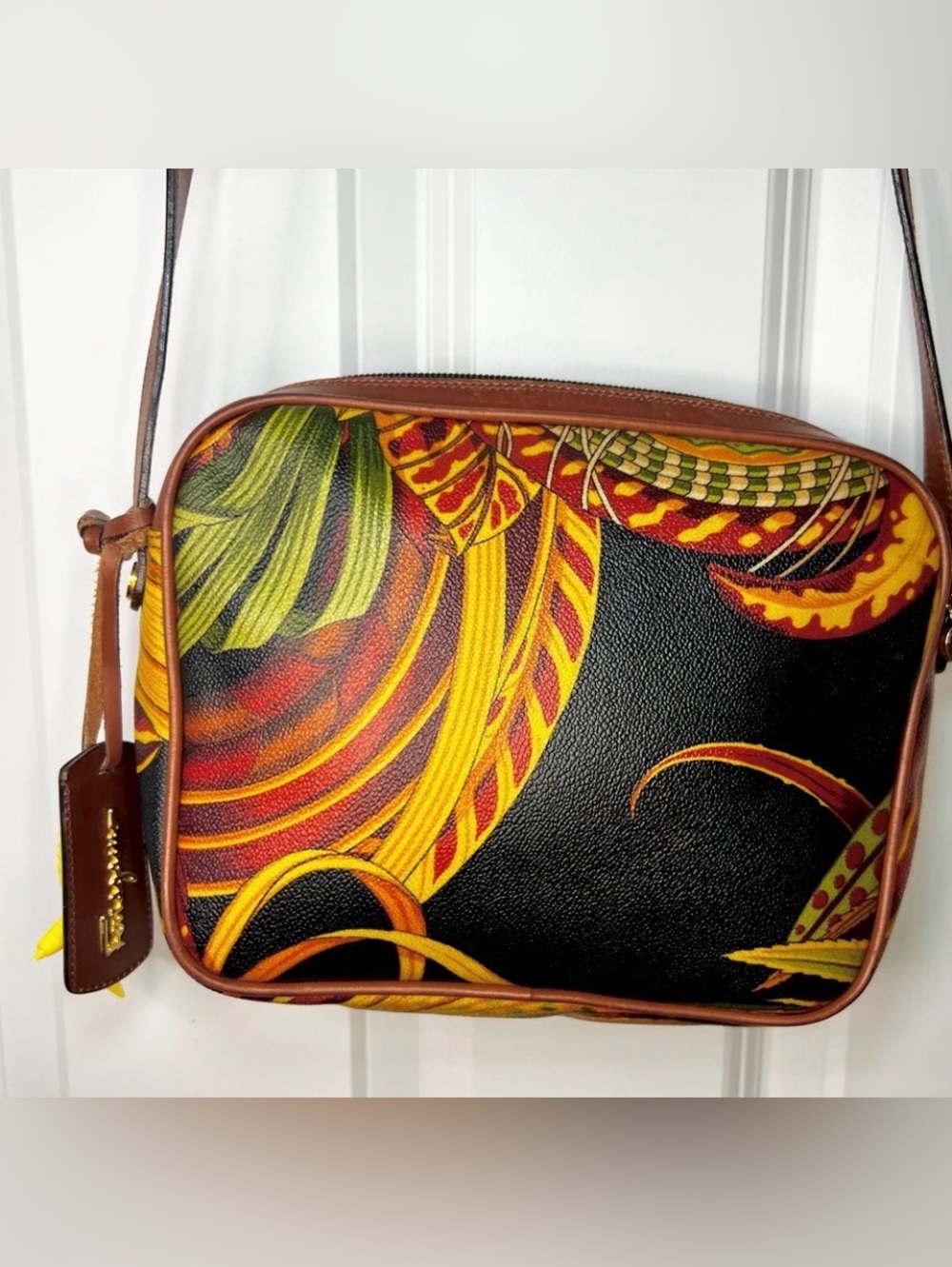 FERRAGAMO Brown Tropical Print Leather Trim Crossbody Limited Series